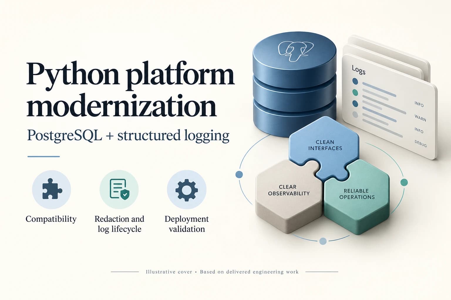 Illustrative cover summarizing the delivered Python, PostgreSQL, and structured logging work.