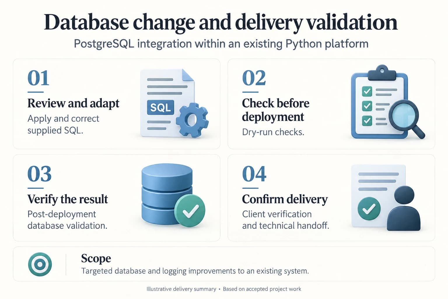 Illustrative database delivery sequence, including supplied SQL corrections, dry-run checks, verification, and handoff.