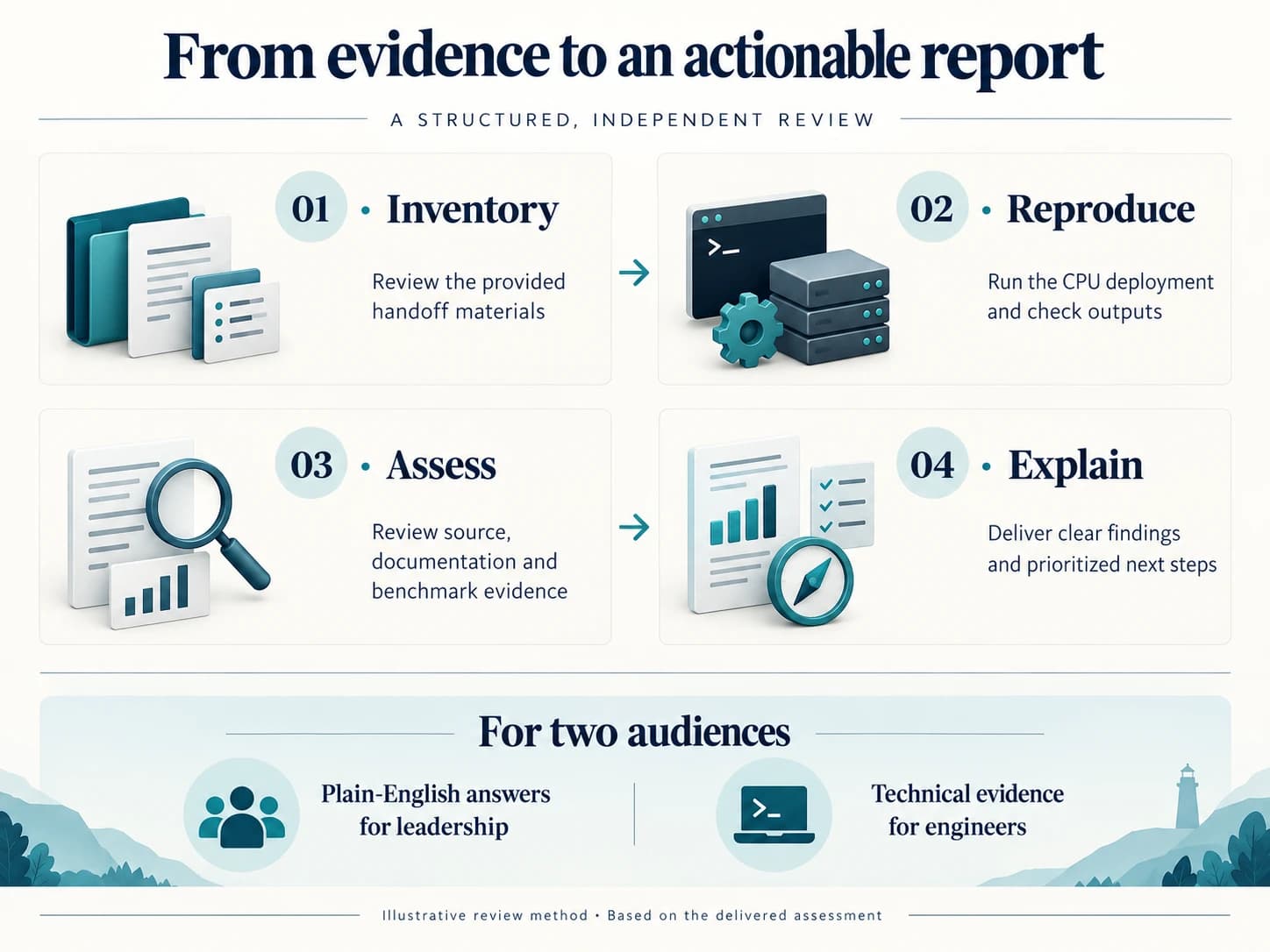 Illustrative review method covering handoff inventory, CPU reproducibility, evidence review, and actionable reporting.