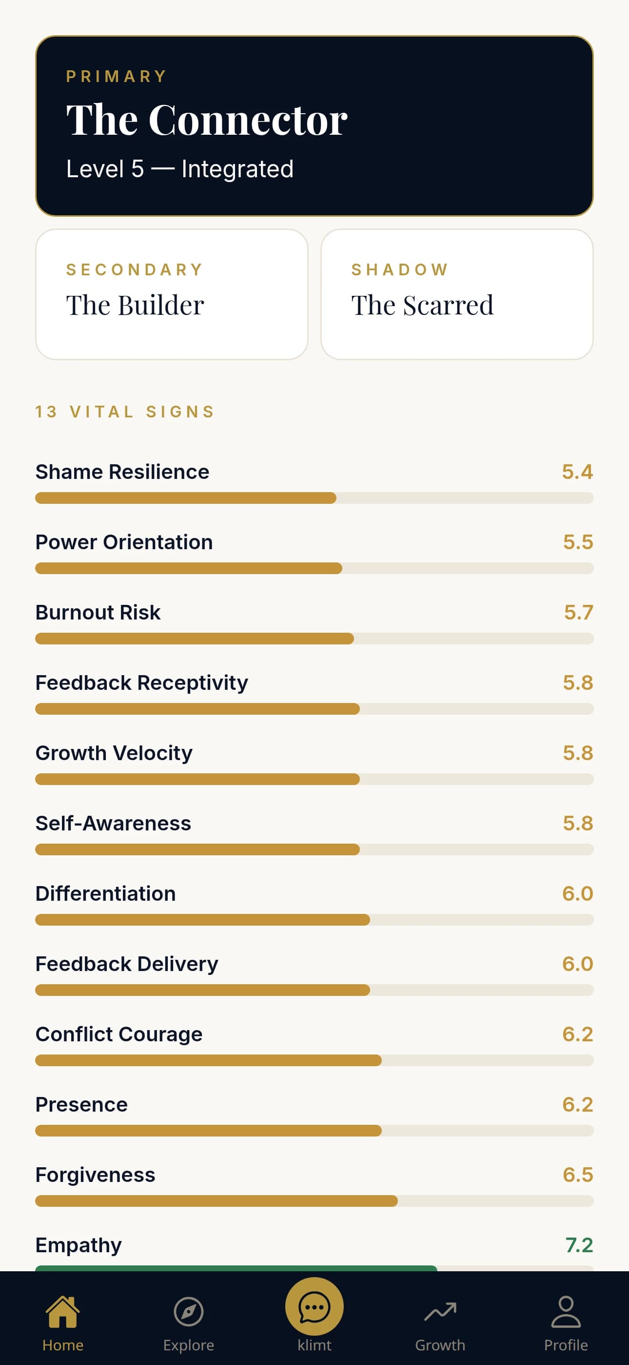 Original results dashboard showing archetypes and assessment scores in the delivered mobile interface.