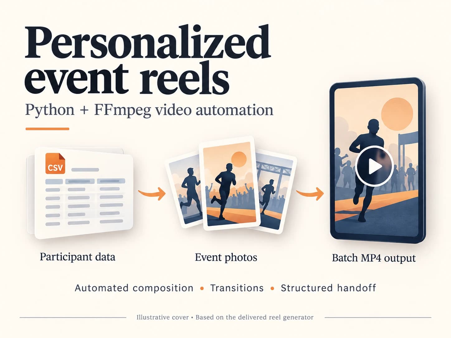 Illustrative overview: participant data and event photos become personalized MP4 reels.
